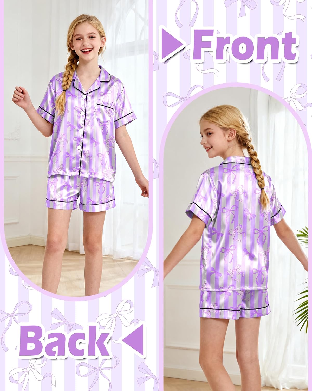 Sylfairy Girls Pajamas Silk PJS Set Bow Satin Sleepwear Short Sleeve Jammies for Kids Button-Down Nightwear size 7-8 10-12