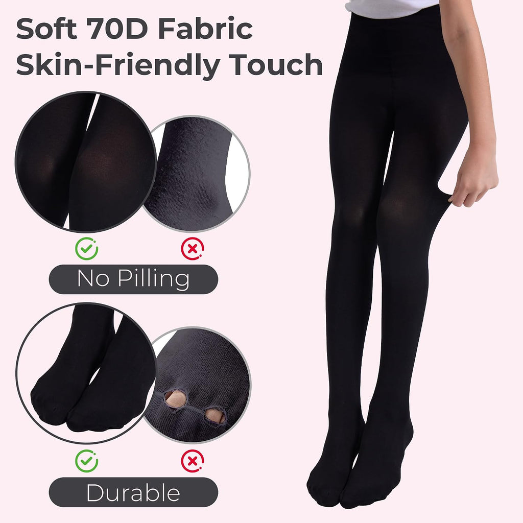 Girls Soft Semi-Opaque Tights 70D, 2 Pcs Children's Fall Stockings for Ages 4-10, Perfect for School Uniform Pair