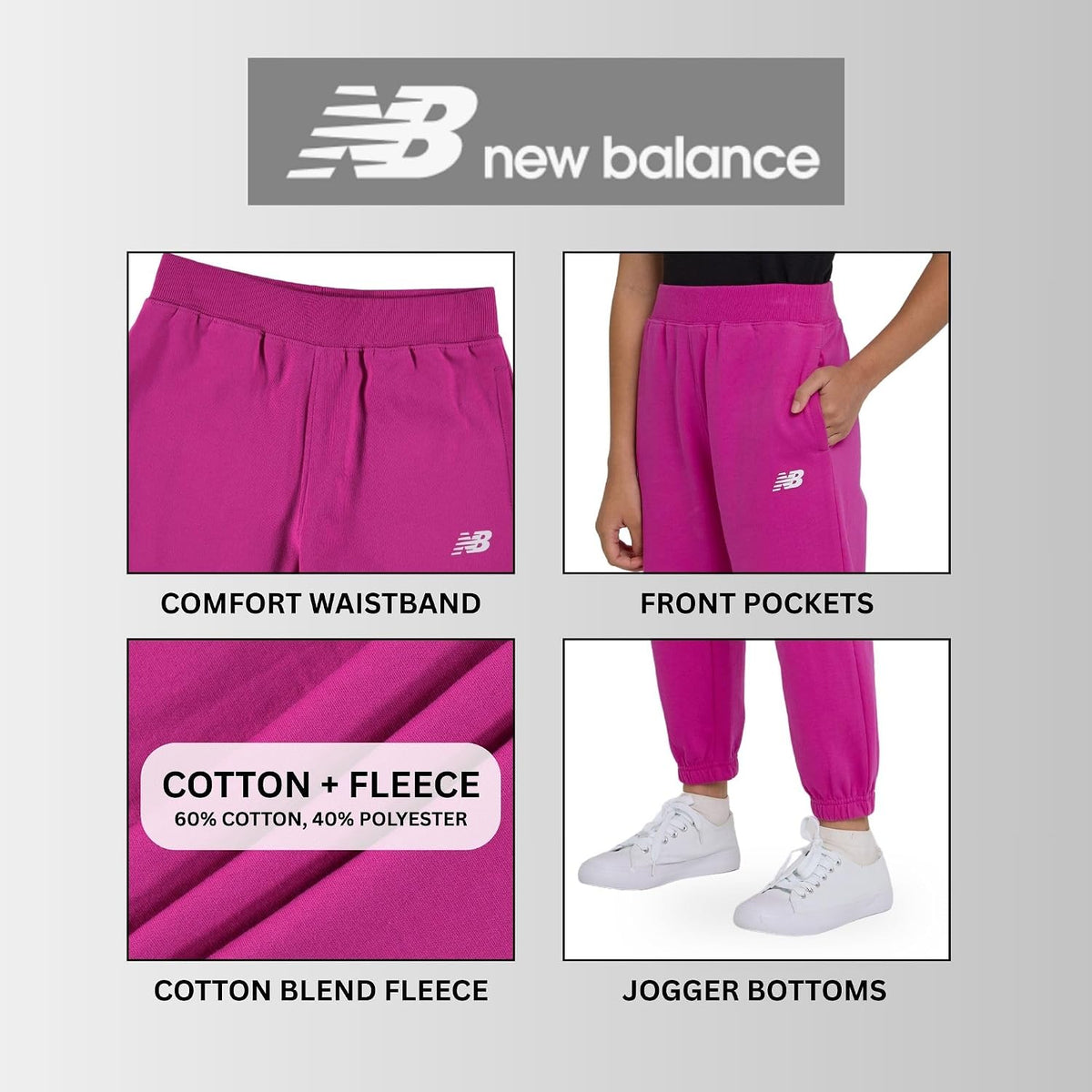New Balance Girls Sweatpants 3-Pack, Soft Cotton Blend Fleece Joggers, 4-16