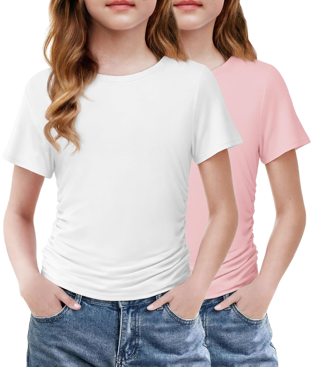 Arshiner Girls Shirts Side Ruched Short Sleeve Crewneck Tops Tee 5-12 Years