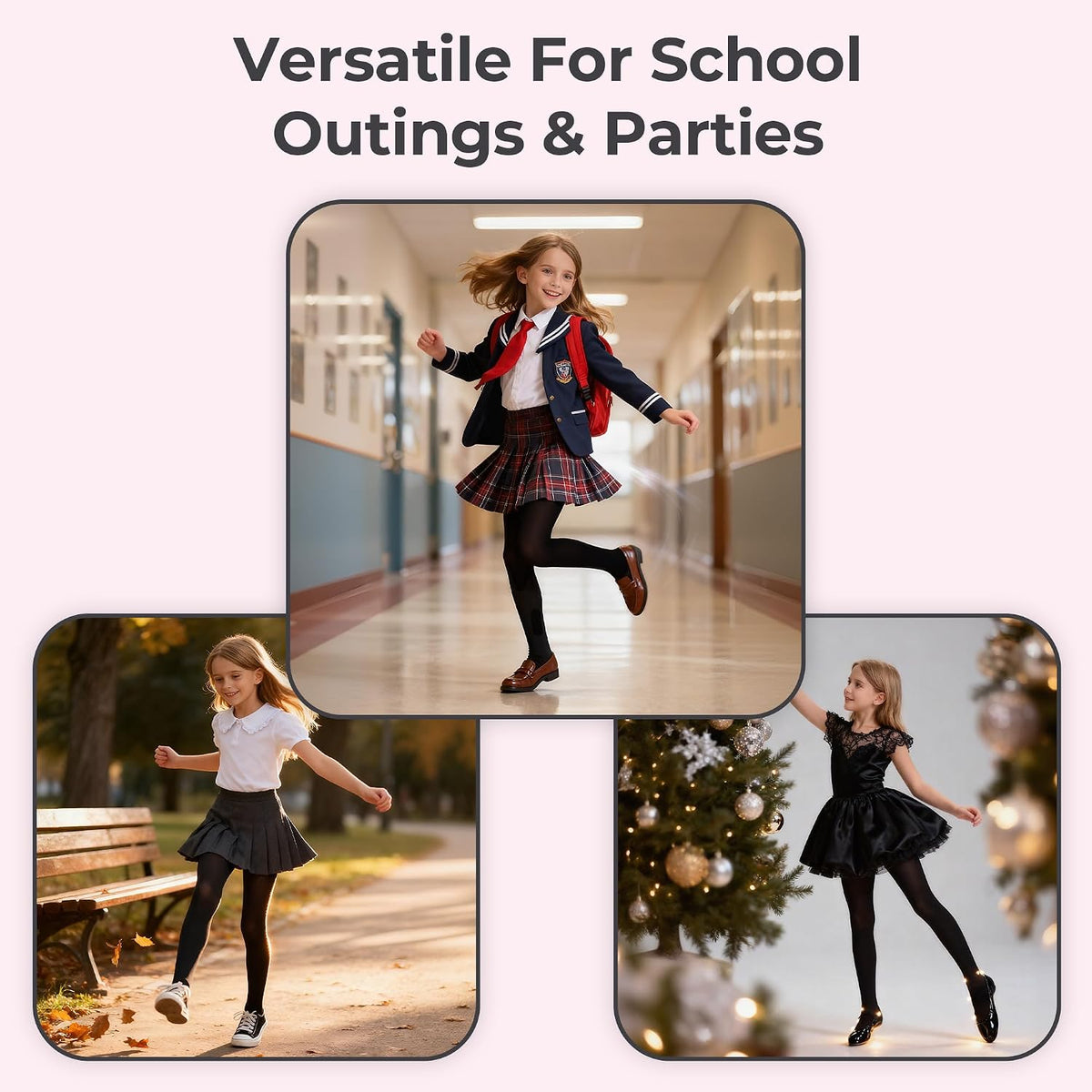 Girls Soft Semi-Opaque Tights 70D, 2 Pcs Children's Fall Stockings for Ages 4-10, Perfect for School Uniform Pair