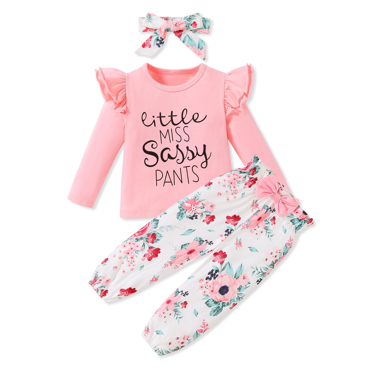 SANMIO Toddler Girl Clothes Cute Ruffle Sleeve Shirt Floral Pants Headband