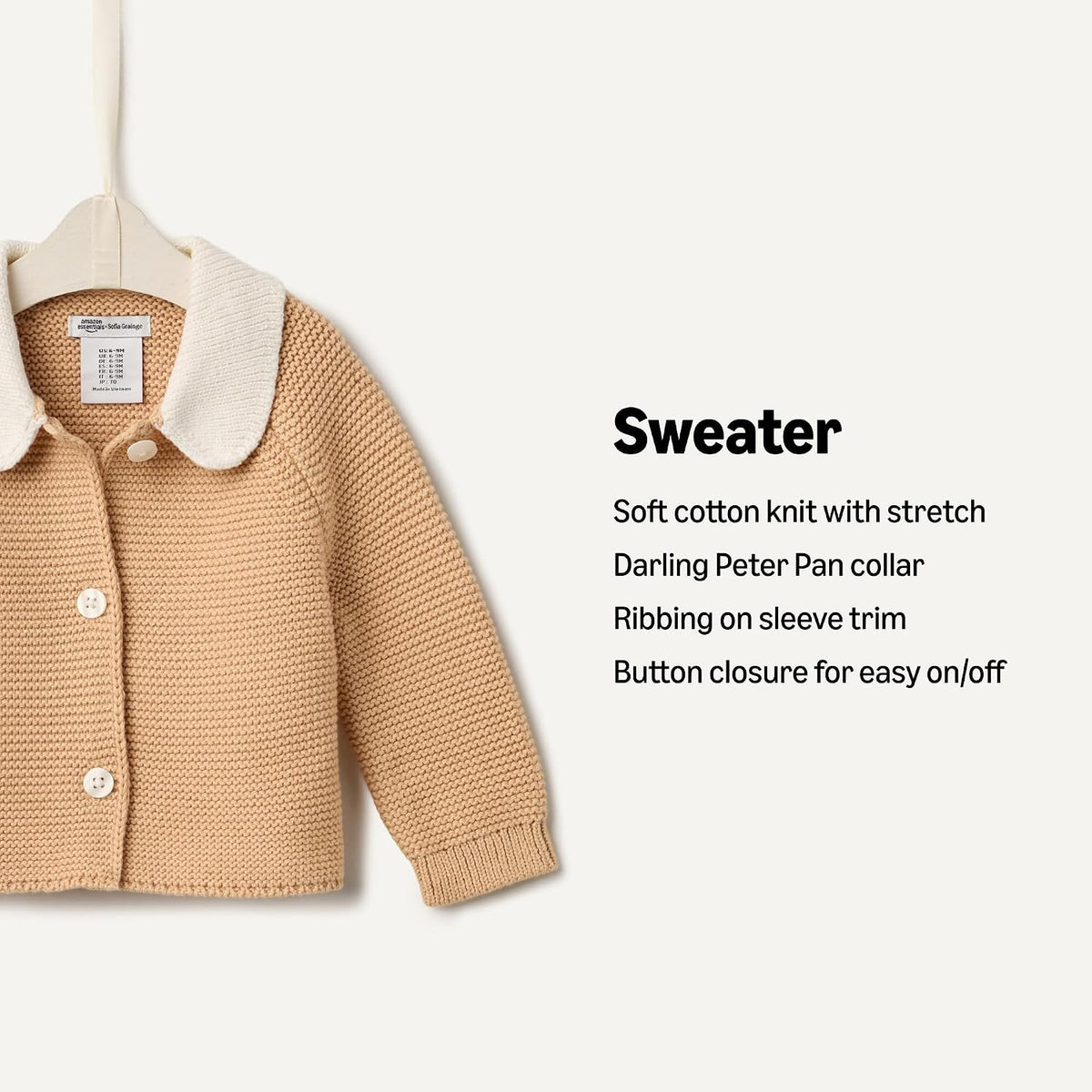 Amazon Essentials x Sofia Grainge Unisex Toddlers and Babies' Peter Pan Collar Sweater Jacket, Soft Cotton Knit with Stretch