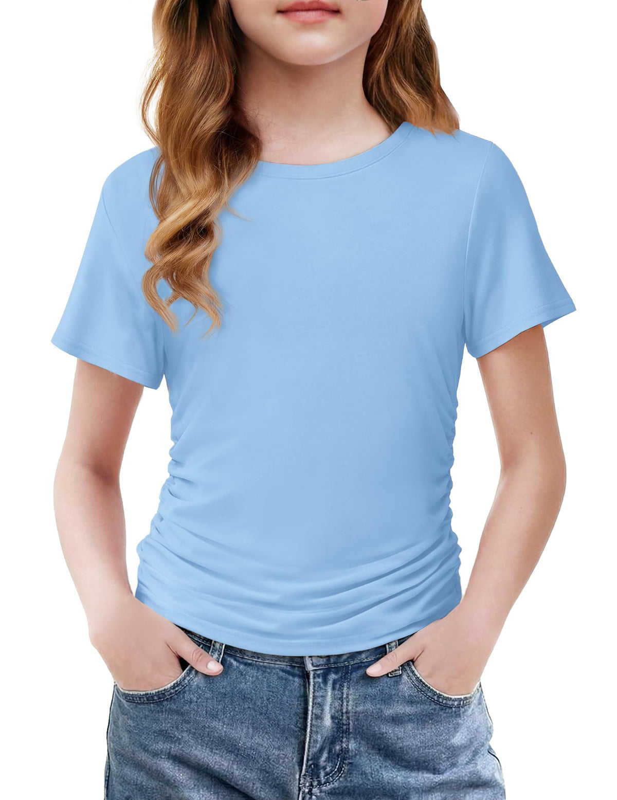 Arshiner Girls Shirts Side Ruched Short Sleeve Crewneck Tops Tee 5-12 Years