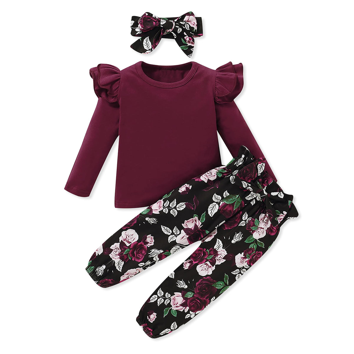 SANMIO Toddler Girl Clothes Cute Ruffle Sleeve Shirt Floral Pants Headband