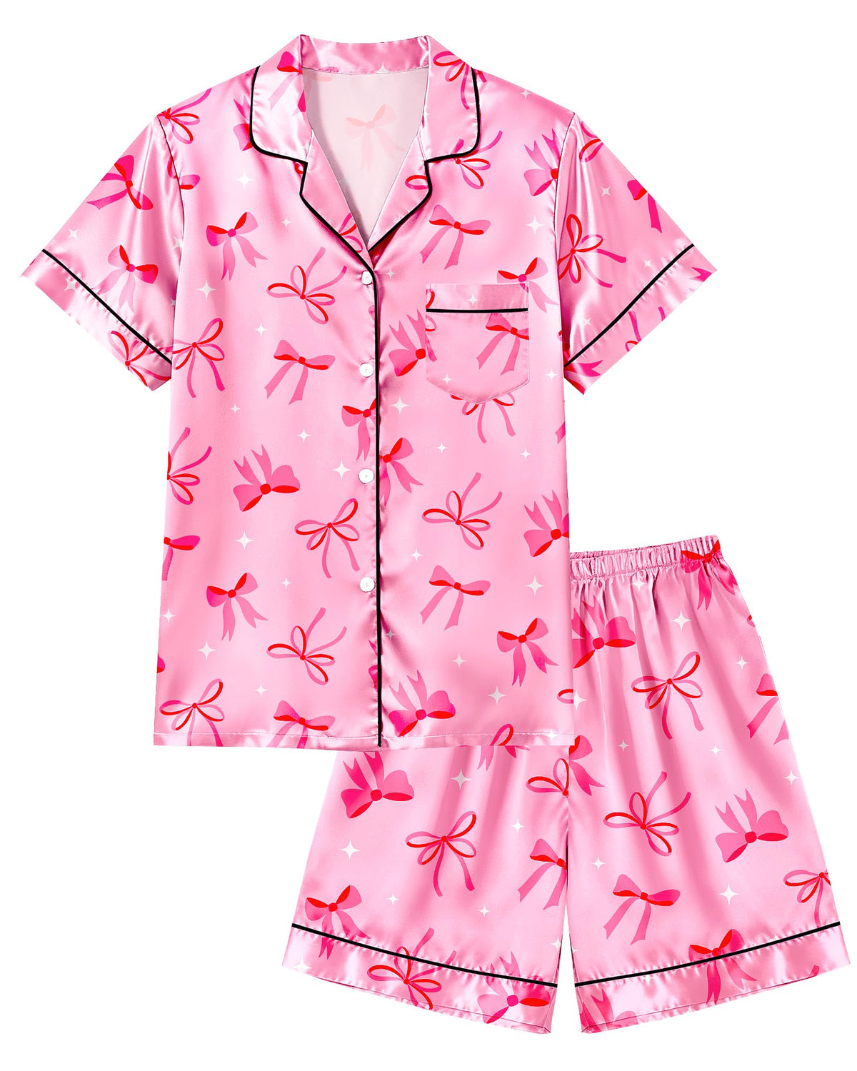 Sylfairy Girls Pajamas Silk PJS Set Bow Satin Sleepwear Short Sleeve Jammies for Kids Button-Down Nightwear size 7-8 10-12