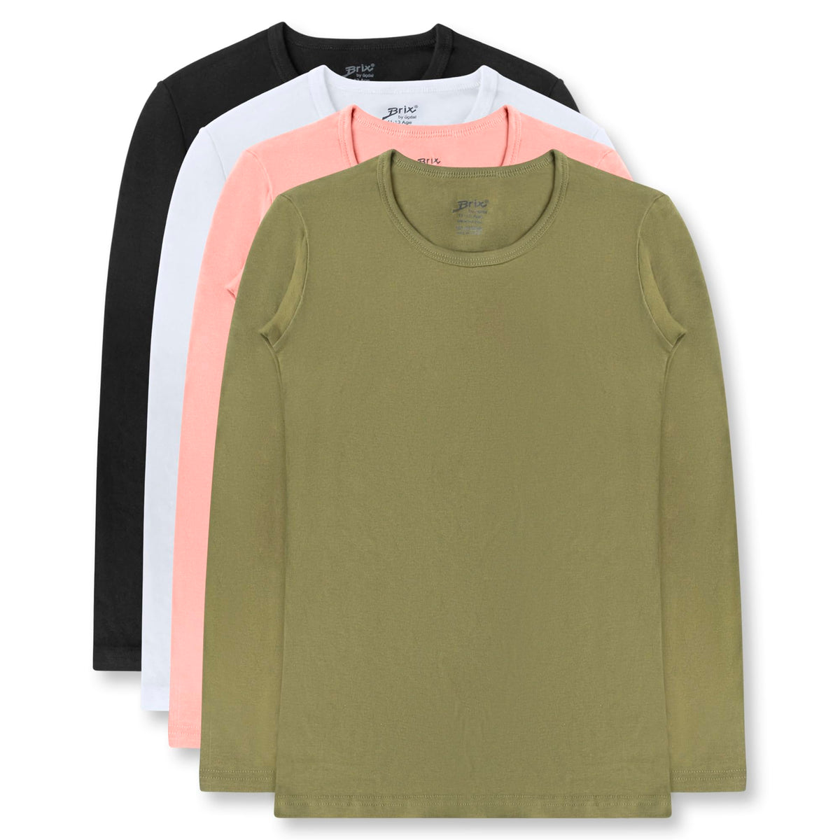 Brix Girls' Long Sleeve Tees - 100% Cotton 4 -Pack Crew Neck T Shirts.