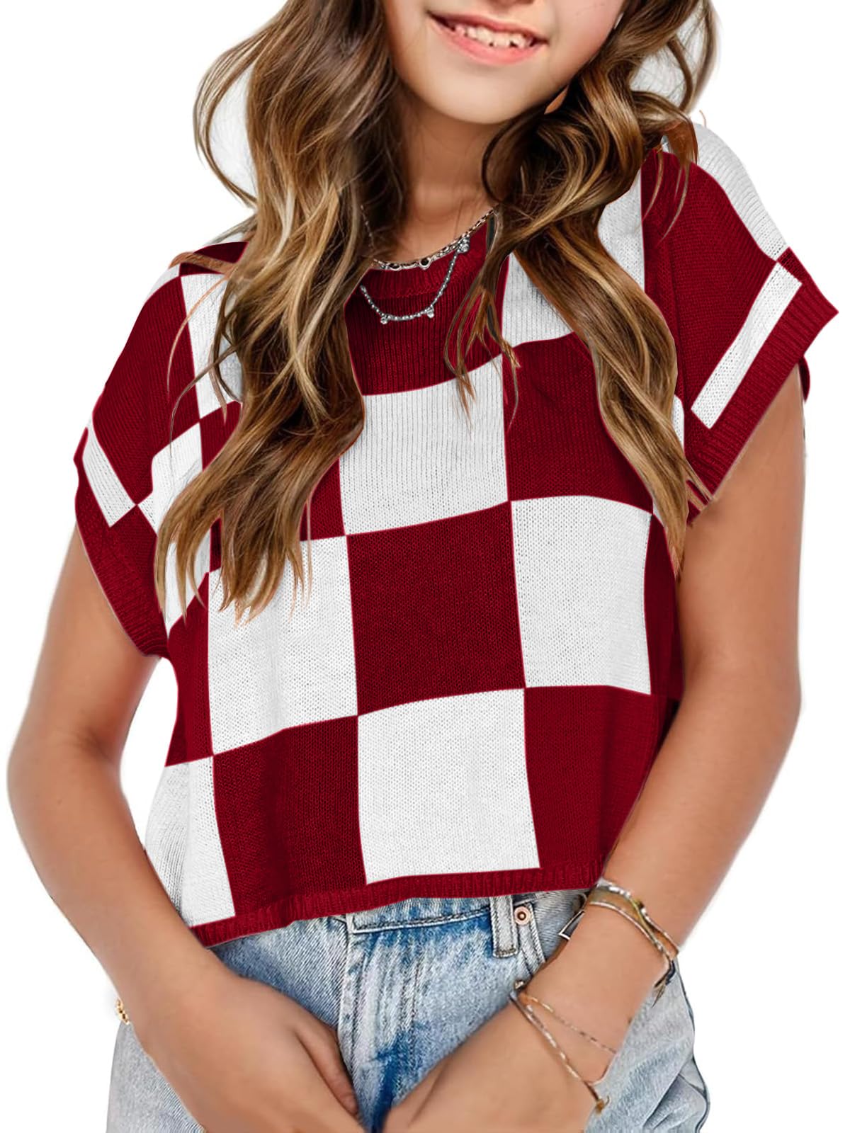 Girls Crop Sweater Tops School Picture Outfits Fashion Summer Fall Cute Cap Sleeve Colorblock Loose Teen Top