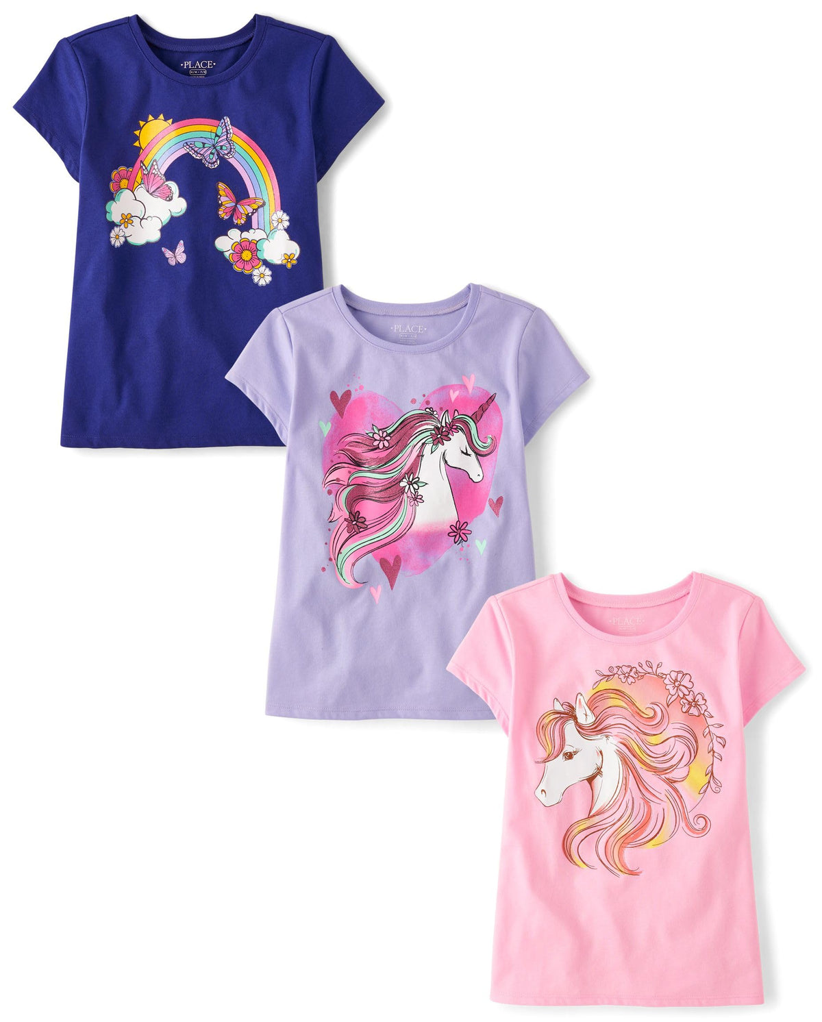 The Children's Place Girls' Unicorns,Butterfly Short Sleeve Graphic T-Shirts,3 Pack
