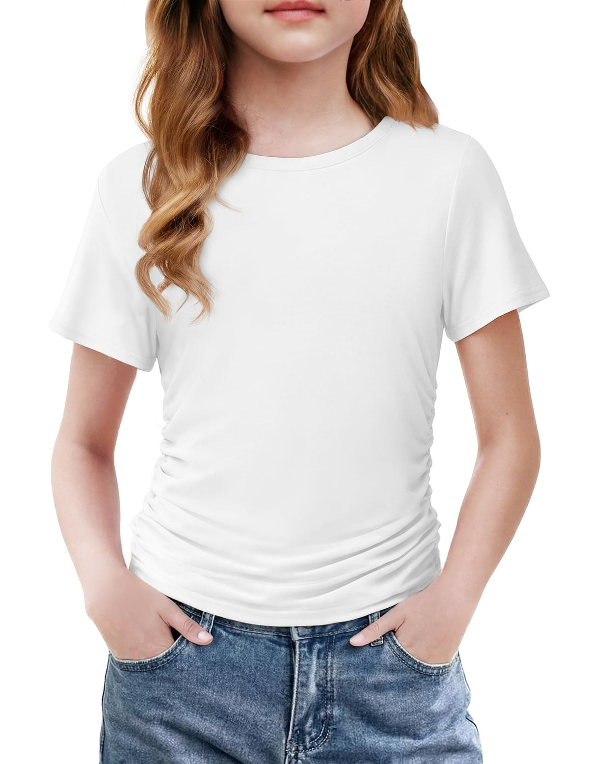 Arshiner Girls Shirts Side Ruched Short Sleeve Crewneck Tops Tee 5-12 Years