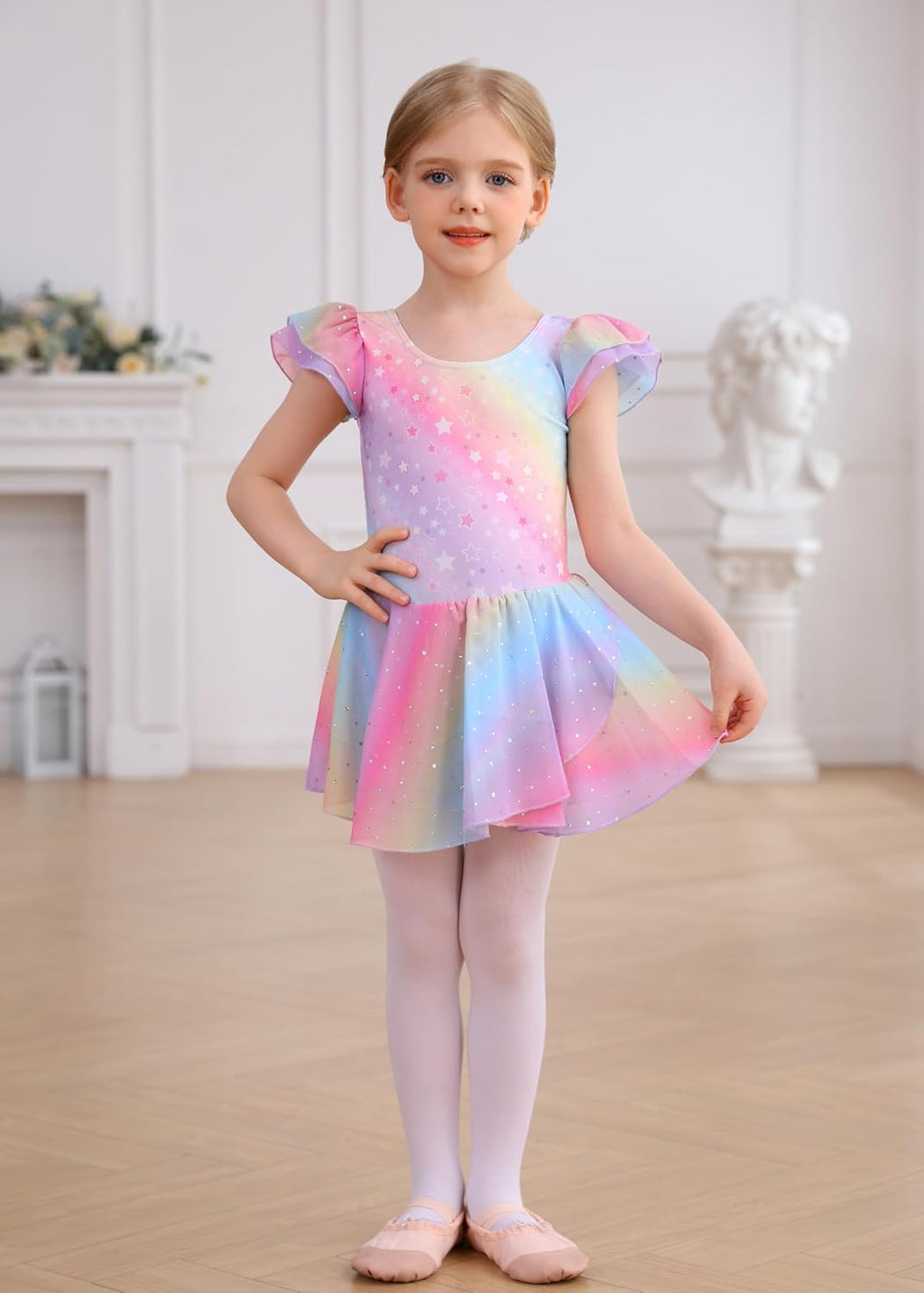 MdnMd Ballet Leotards for Girls Toddler Dance Ballet Leotard with Skirt Ballerina Dresses Tutu Outfits Flutter Sleeve