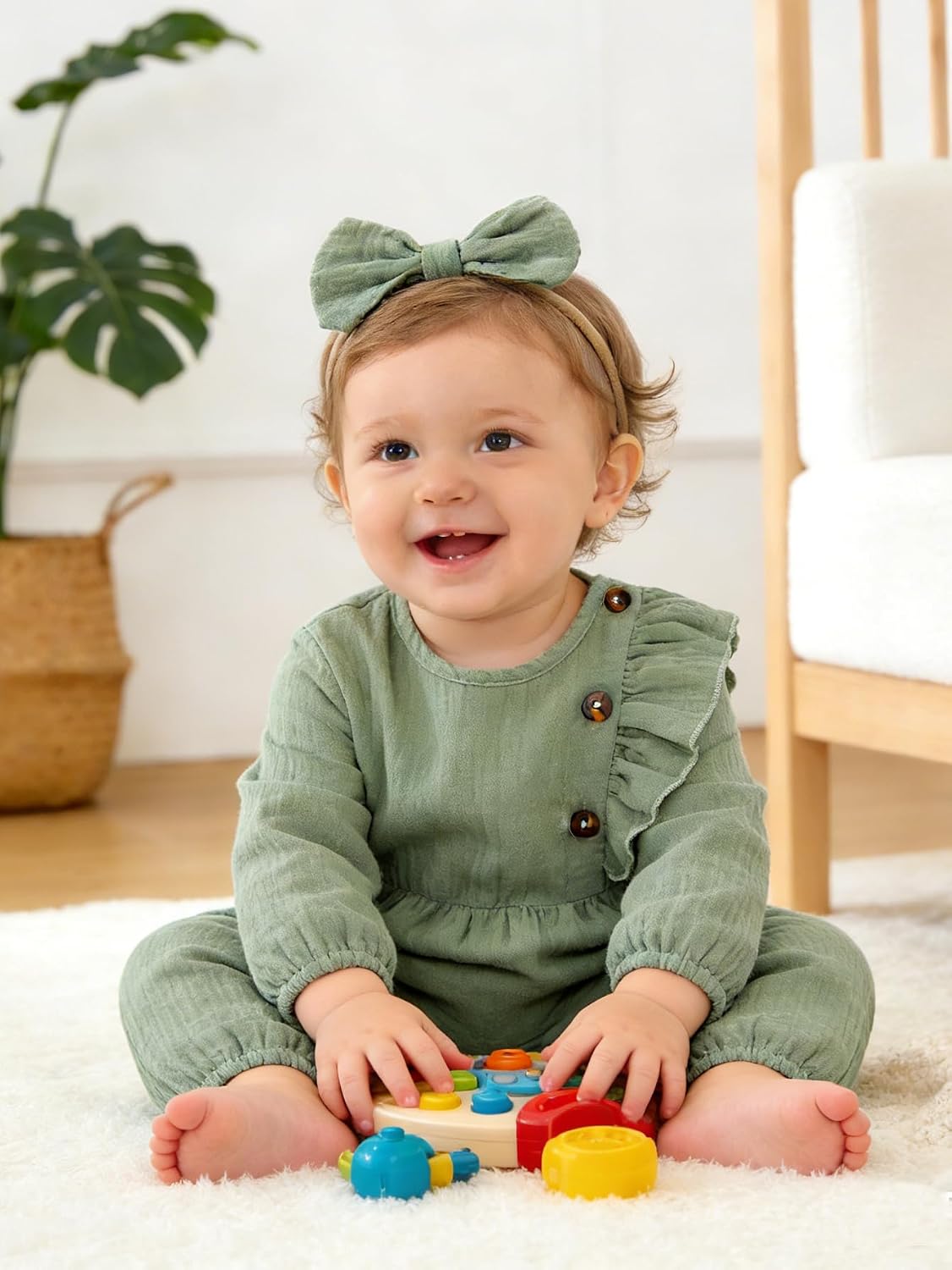Newborn Baby Girls Smocked Romper Preemie Long Sleeve Going Home Outfit with Bow Headband