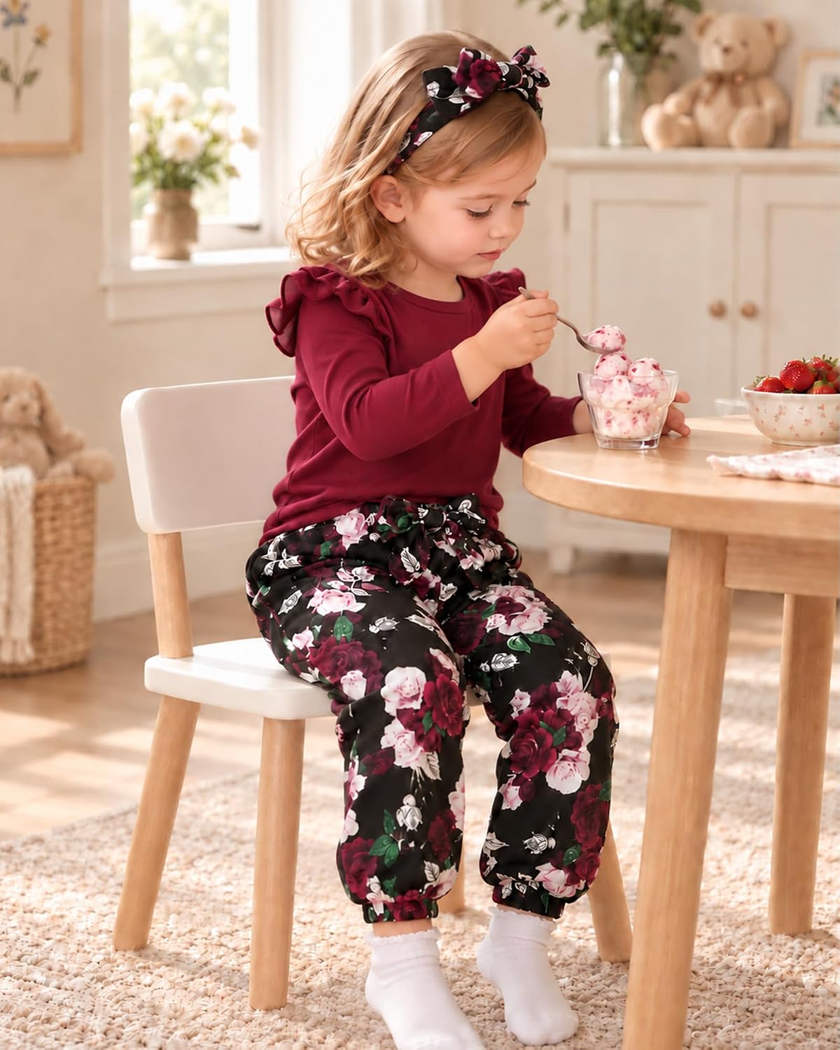 SANMIO Toddler Girl Clothes Cute Ruffle Sleeve Shirt Floral Pants Headband