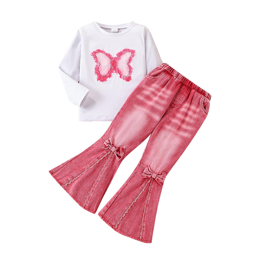 Toddler Girl Clothes Long Sleeve Cartoon & Letter Graphic Top + Fruit Stationery Print Flared Leg Pants