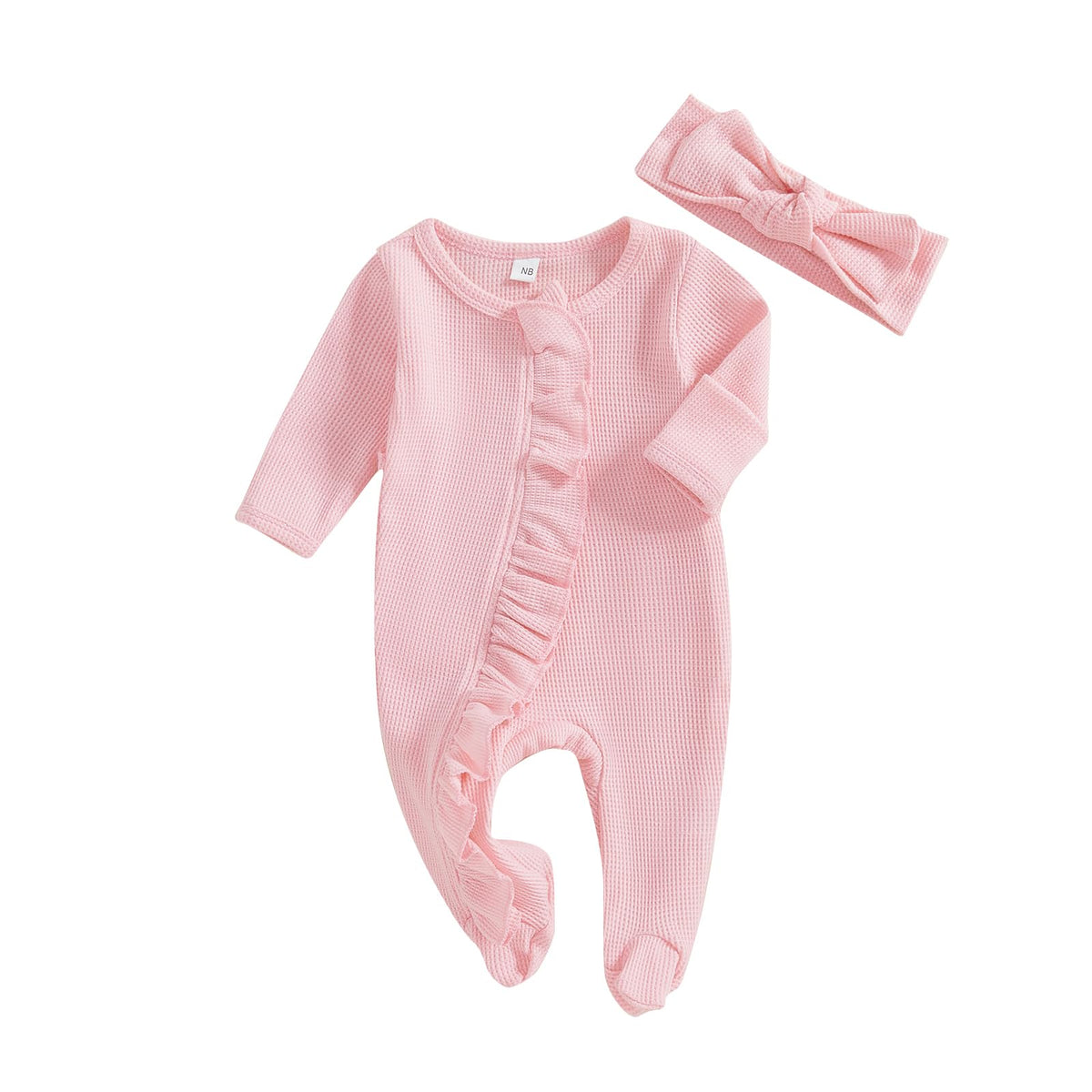 allshope Infant Baby Girl Fall Outfit Romper Footies Solid Color Frills Ruffle Trim Jumpsuit Bodysuits Newborn Winter Clothes