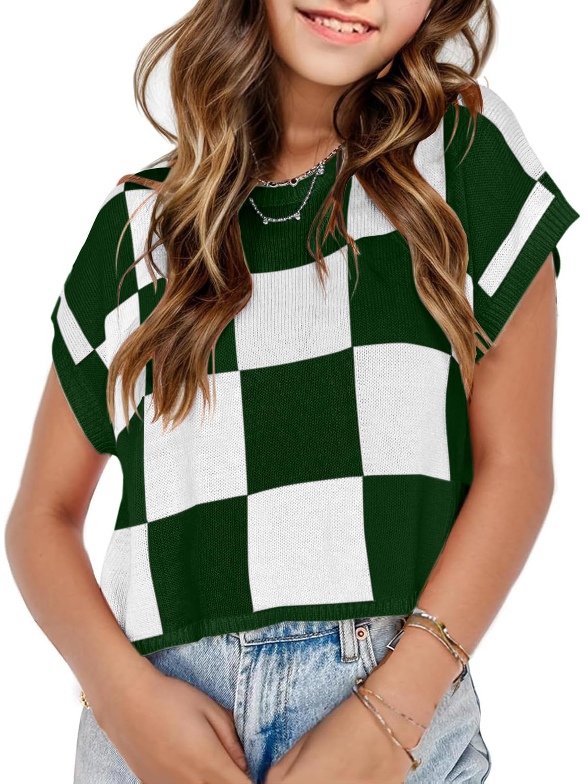 Girls Crop Sweater Tops School Picture Outfits Fashion Summer Fall Cute Cap Sleeve Colorblock Loose Teen Top