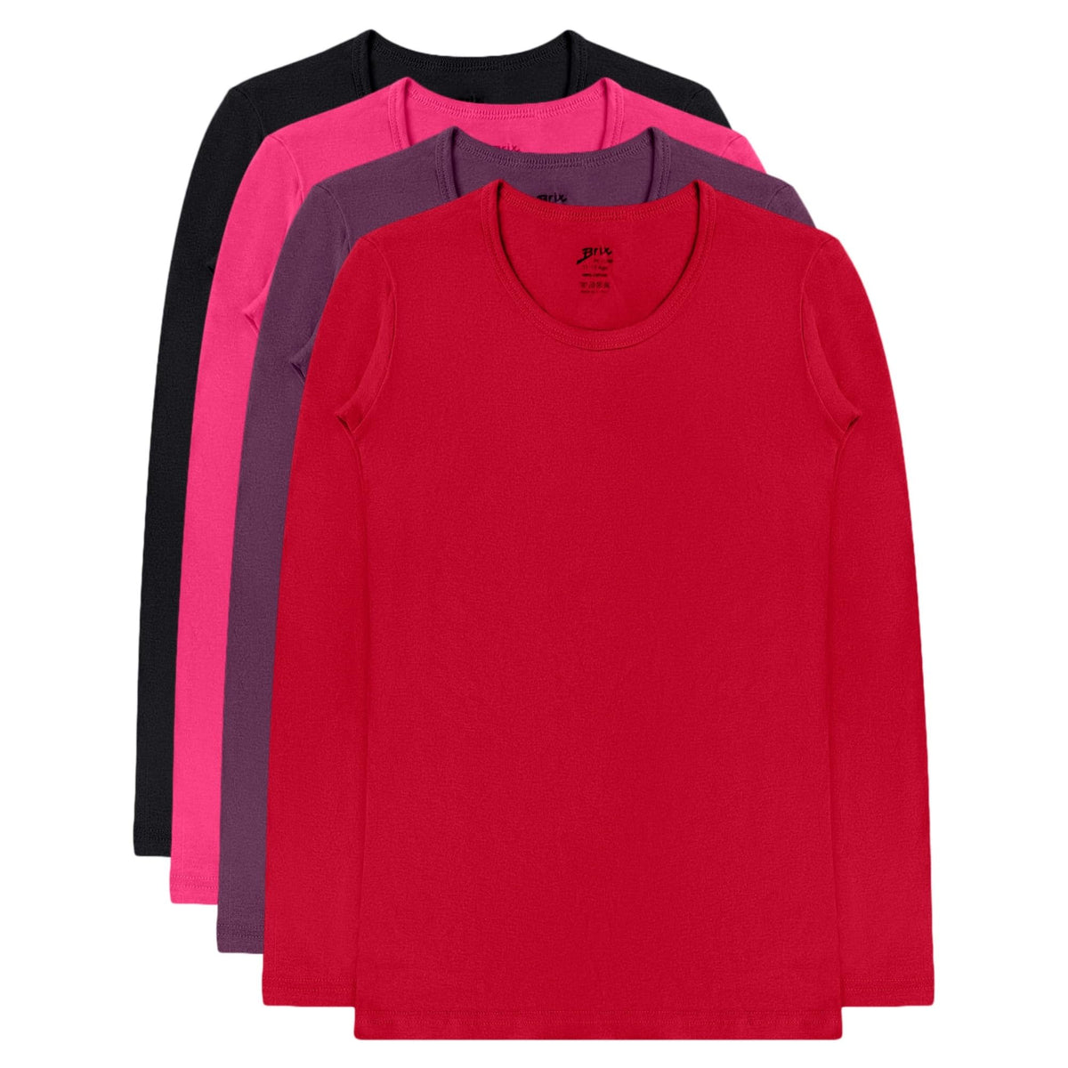 Brix Girls' Long Sleeve Tees - 100% Cotton 4 -Pack Crew Neck T Shirts.