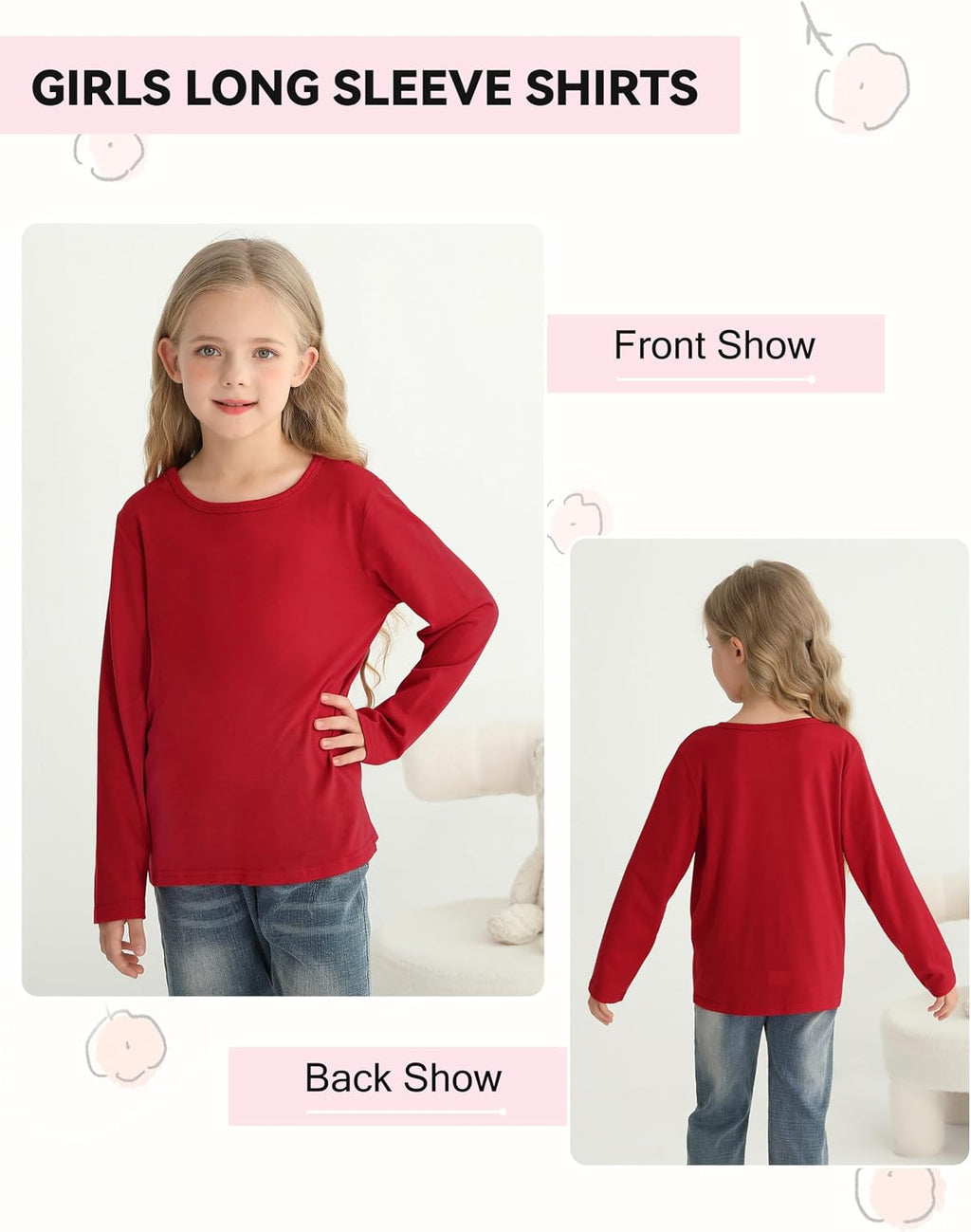 5 Pack Girls Long Sleeve Shirts Kids Basic Tees Layering Clothes Tagless