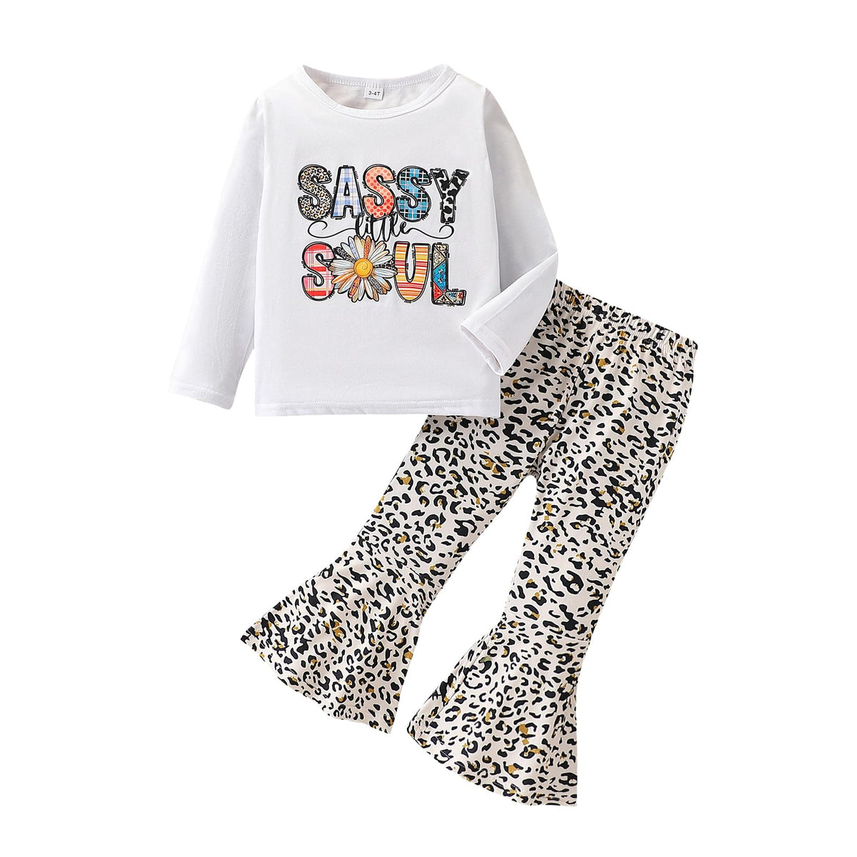 Toddler Girl Clothes Long Sleeve Cartoon & Letter Graphic Top + Fruit Stationery Print Flared Leg Pants