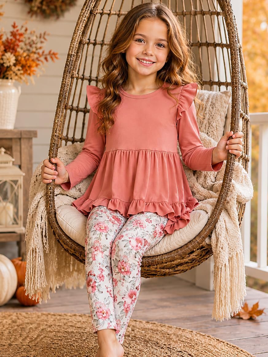 Doresbebe Toddler Girl Clothes Kid Fall Outfit Ruffle Sleeve Shirt Top Floral Pants Winter Clothing Set
