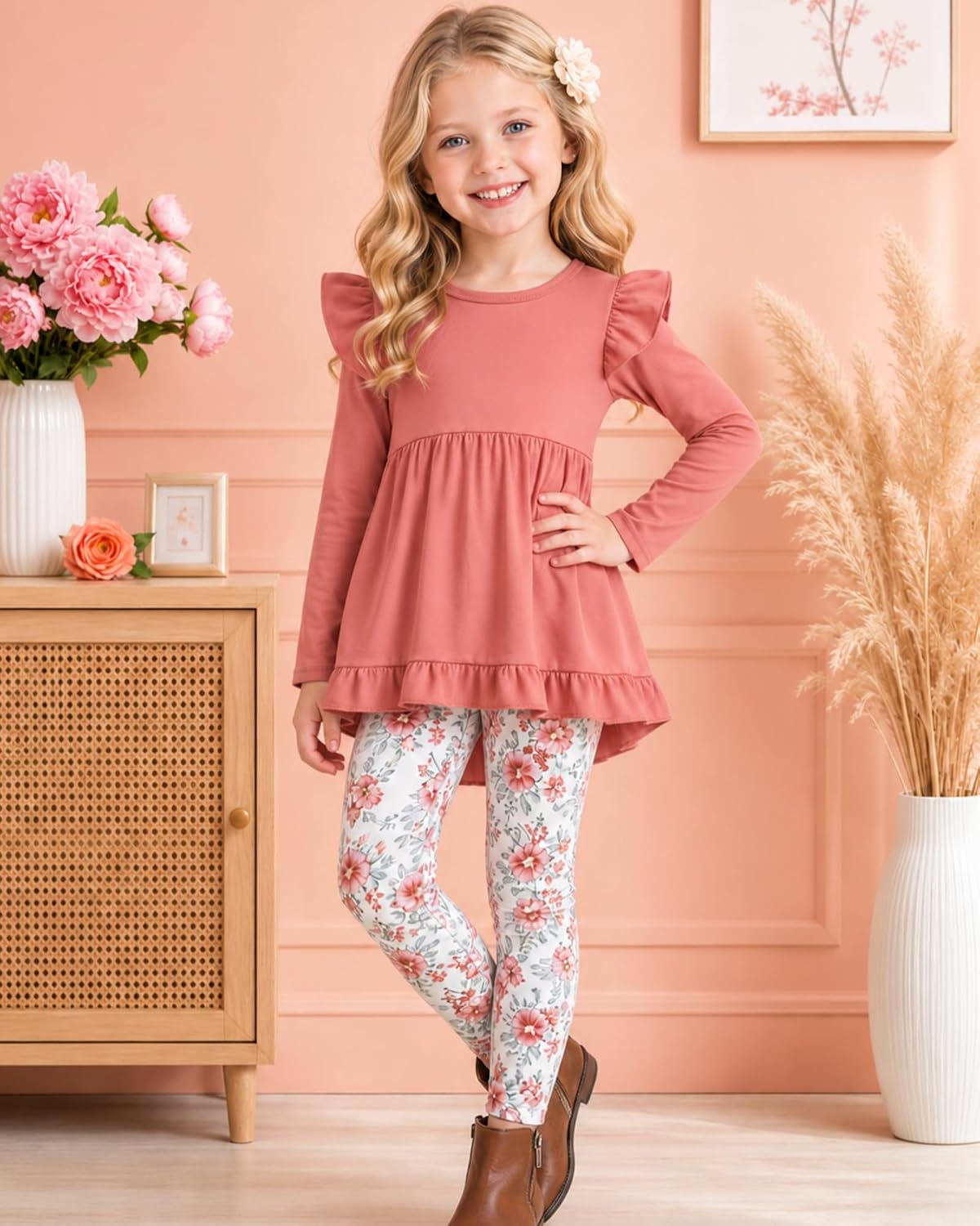 Doresbebe Toddler Girl Clothes Kid Fall Outfit Ruffle Sleeve Shirt Top Floral Pants Winter Clothing Set