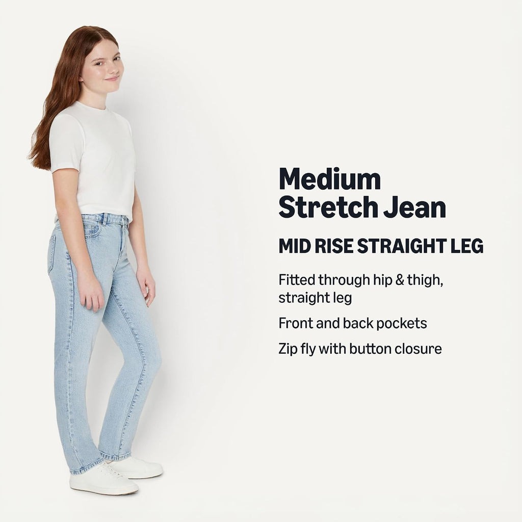 Amazon Essentials Girls' Medium Stretch Mid-Rise Straight-Fit Jean