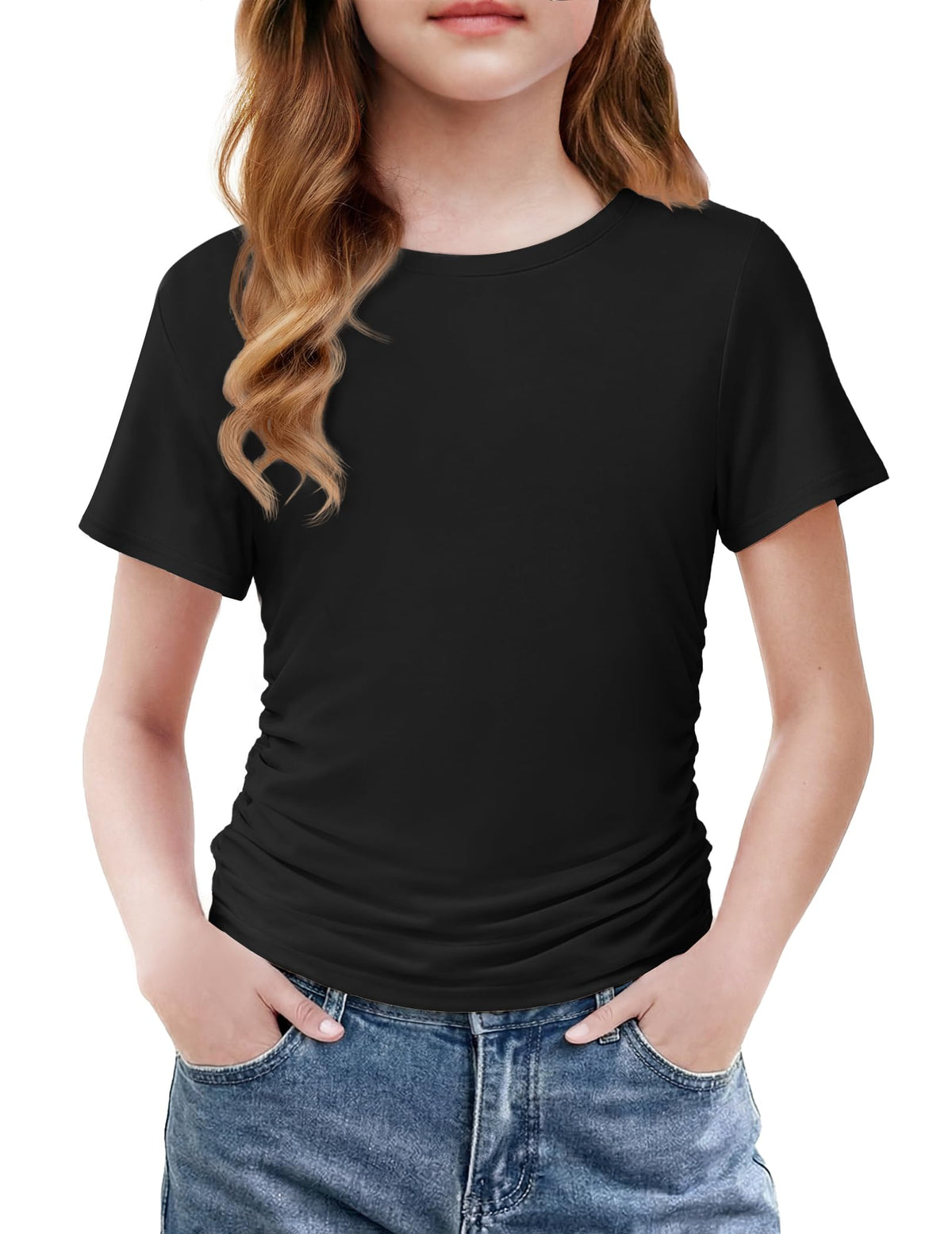 Arshiner Girls Shirts Side Ruched Short Sleeve Crewneck Tops Tee 5-12 Years