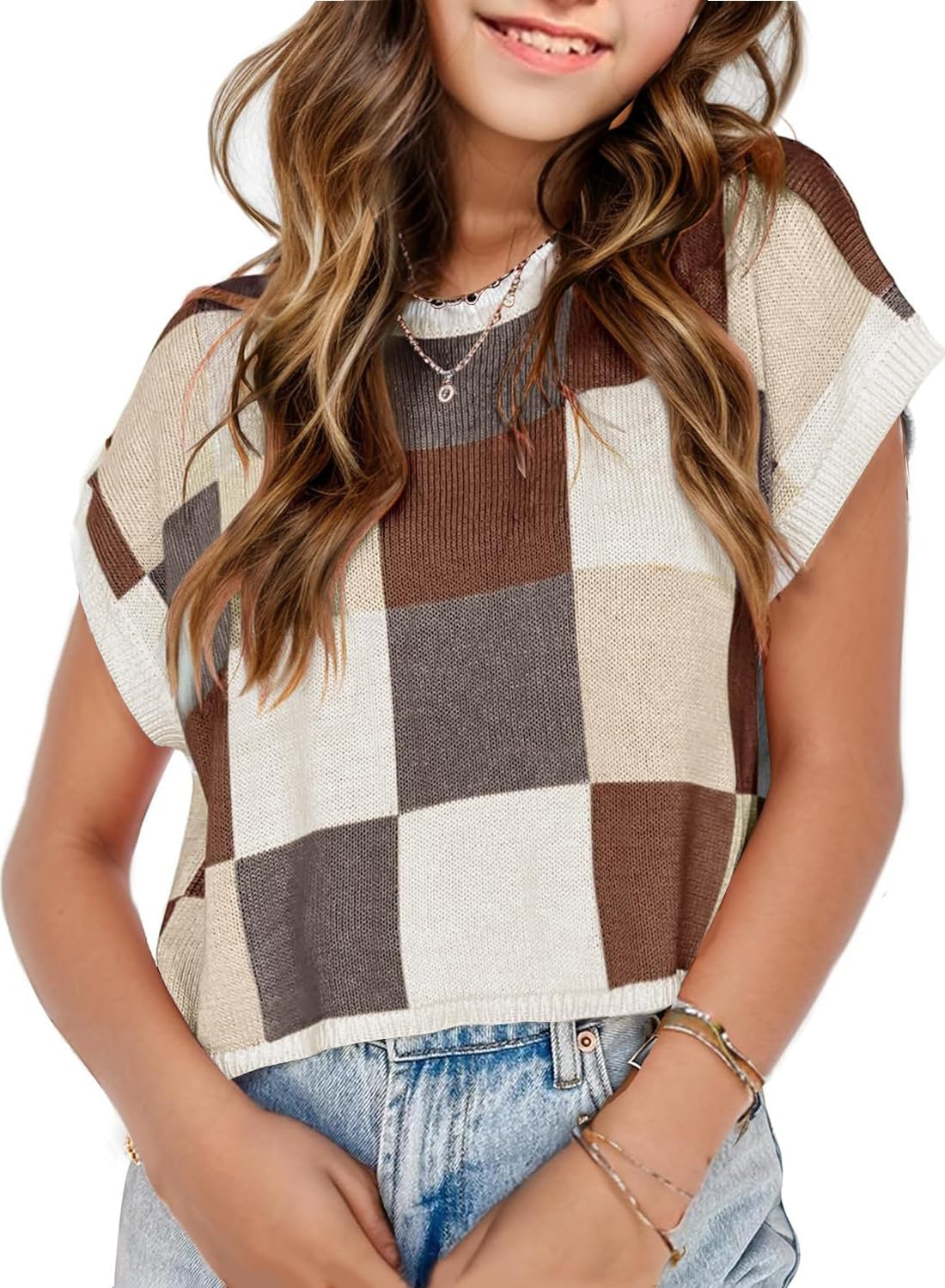 Girls Crop Sweater Tops School Picture Outfits Fashion Summer Fall Cute Cap Sleeve Colorblock Loose Teen Top