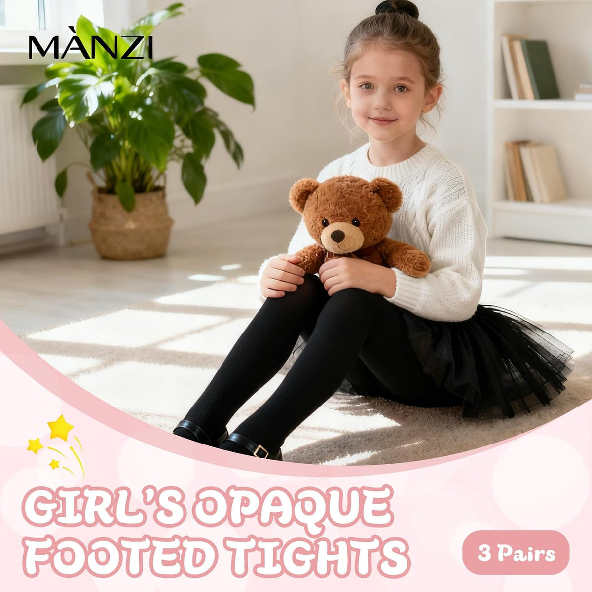 MANZI 3 Pairs Girls Opaque Footed Tights 80D Microfiber School Dress Tights for Kids