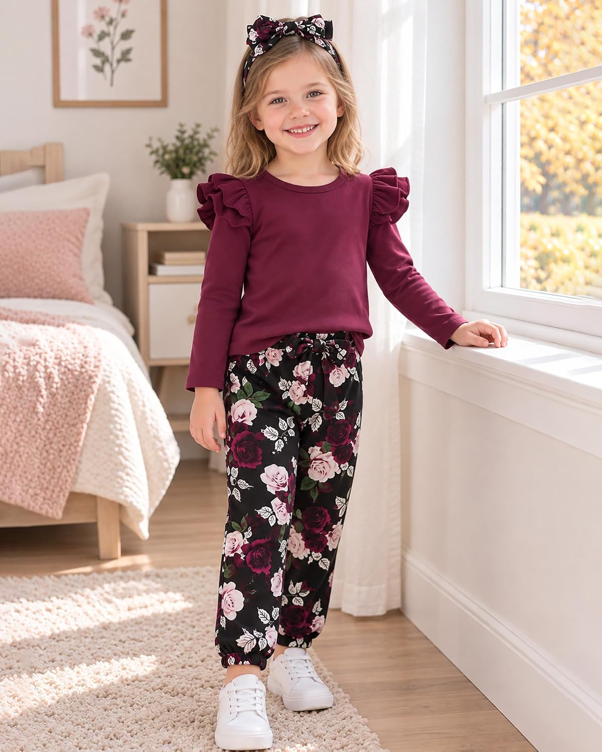SANMIO Toddler Girl Clothes Cute Ruffle Sleeve Shirt Floral Pants Headband