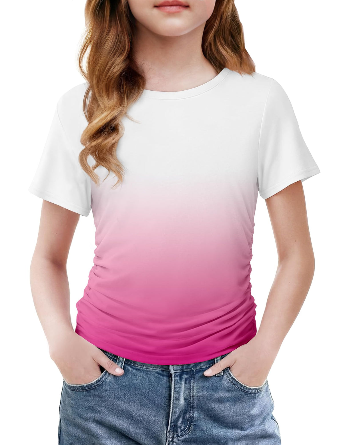Arshiner Girls Shirts Side Ruched Short Sleeve Crewneck Tops Tee 5-12 Years