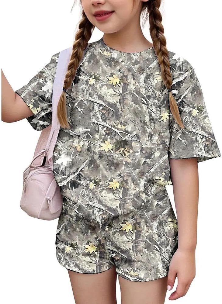 2026 6-12 Years Old Girls 2Pcs Spring Summer Outfits Set Crew Neck Short Sleeve Tops with Pocket Tie-Dye Shorts