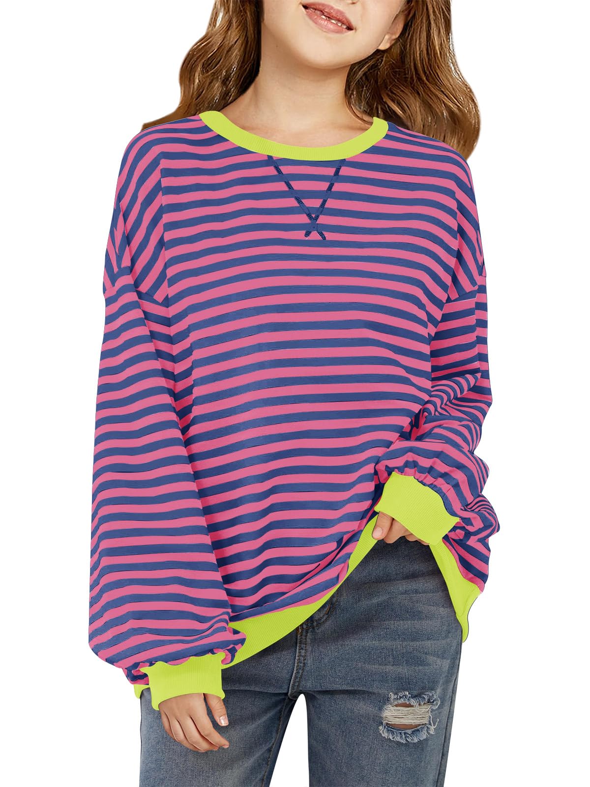 Haloumoning Girls Striped Crewneck Sweatshirt Long Sleeve Oversized Tops