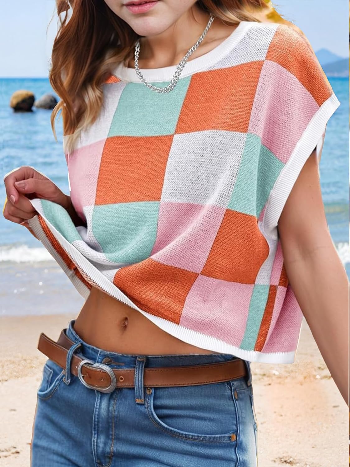 Girls Crop Sweater Tops School Picture Outfits Fashion Summer Fall Cute Cap Sleeve Colorblock Loose Teen Top