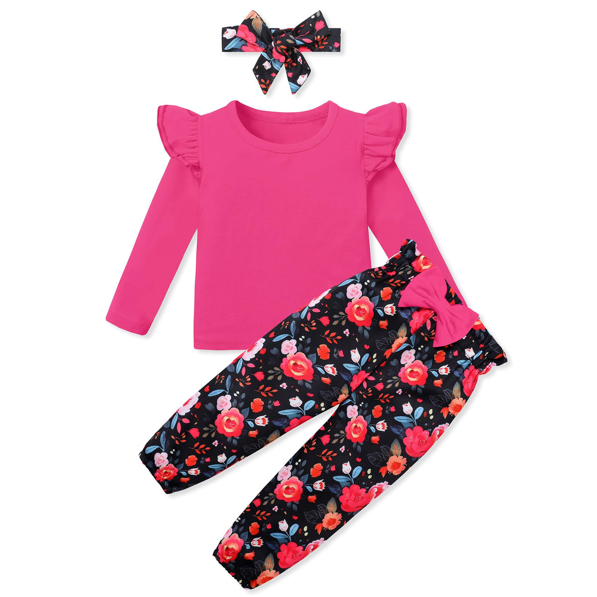 SANMIO Toddler Girl Clothes Cute Ruffle Sleeve Shirt Floral Pants Headband