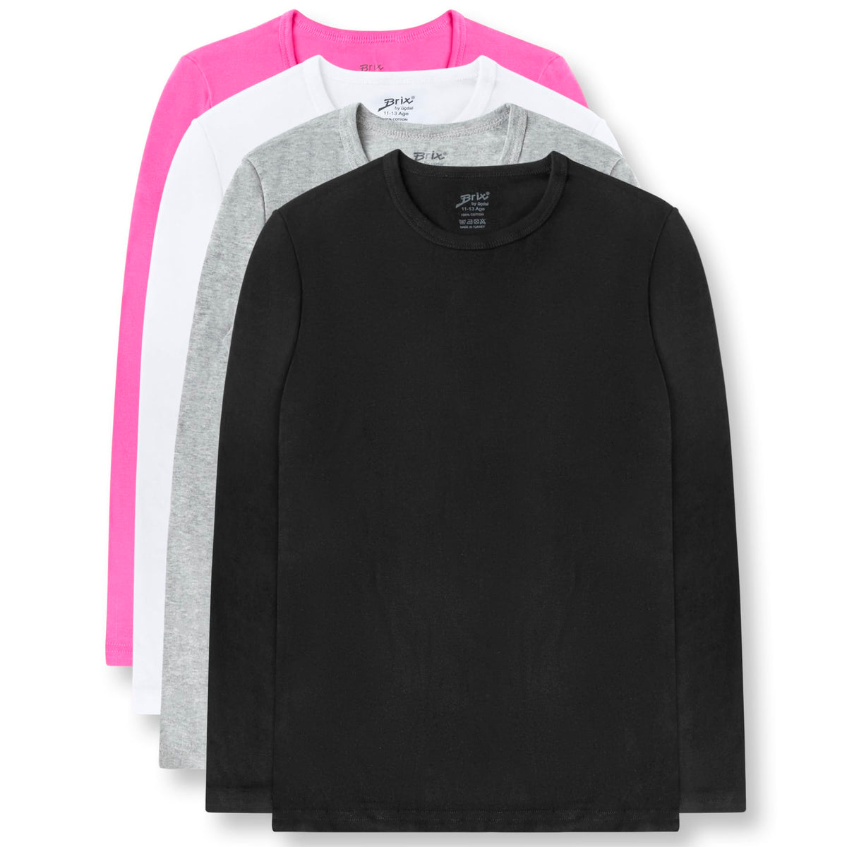 Brix Girls' Long Sleeve Tees - 100% Cotton 4 -Pack Crew Neck T Shirts.