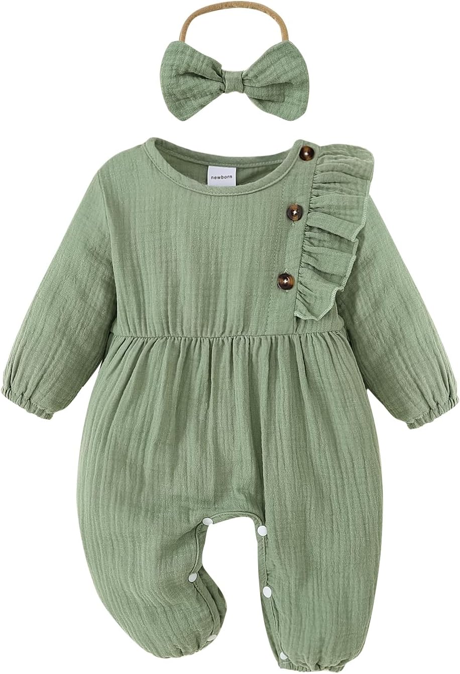 Newborn Baby Girls Smocked Romper Preemie Long Sleeve Going Home Outfit with Bow Headband