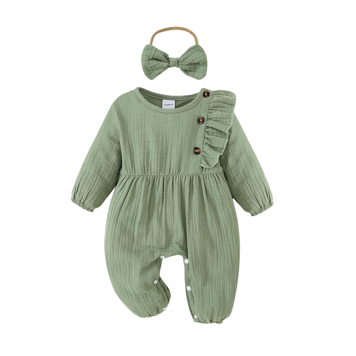Newborn Baby Girls Smocked Romper Preemie Long Sleeve Going Home Outfit with Bow Headband