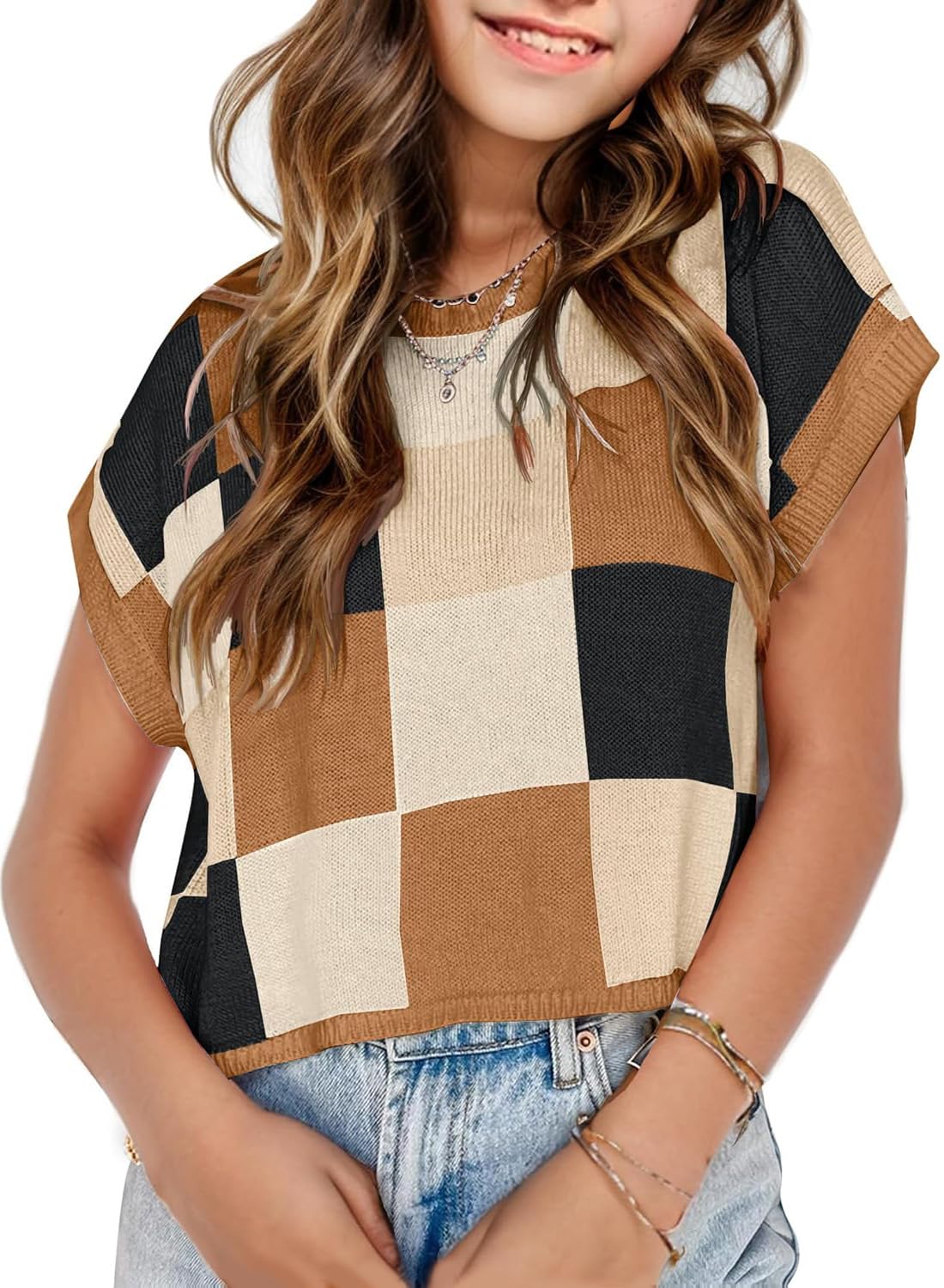 Girls Crop Sweater Tops School Picture Outfits Fashion Summer Fall Cute Cap Sleeve Colorblock Loose Teen Top
