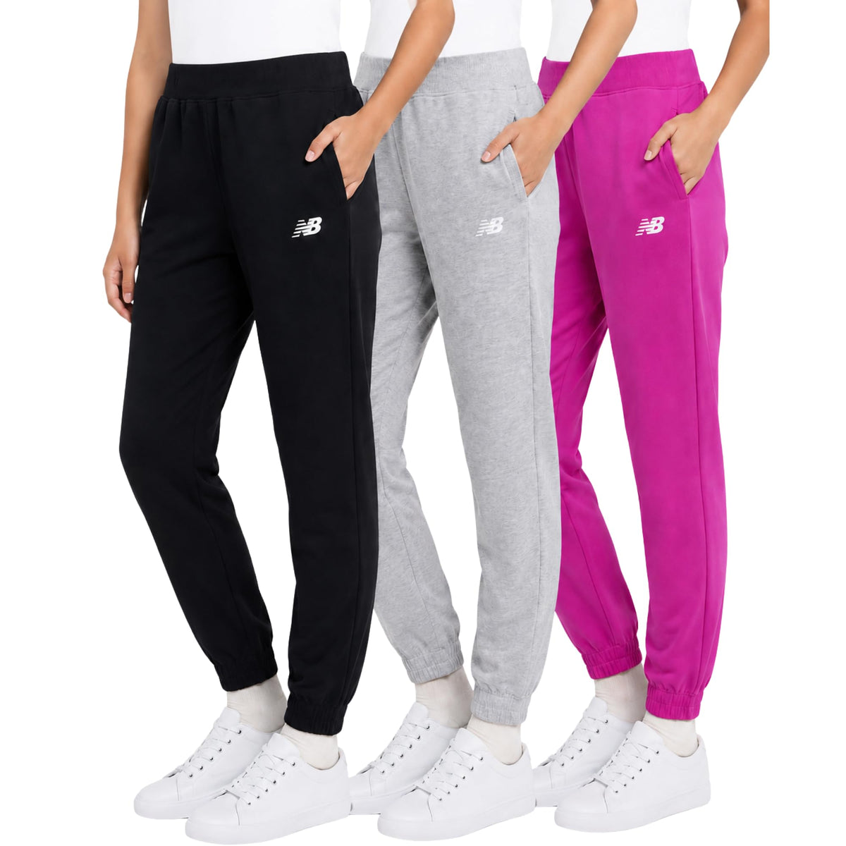 New Balance Girls Sweatpants 3-Pack, Soft Cotton Blend Fleece Joggers, 4-16