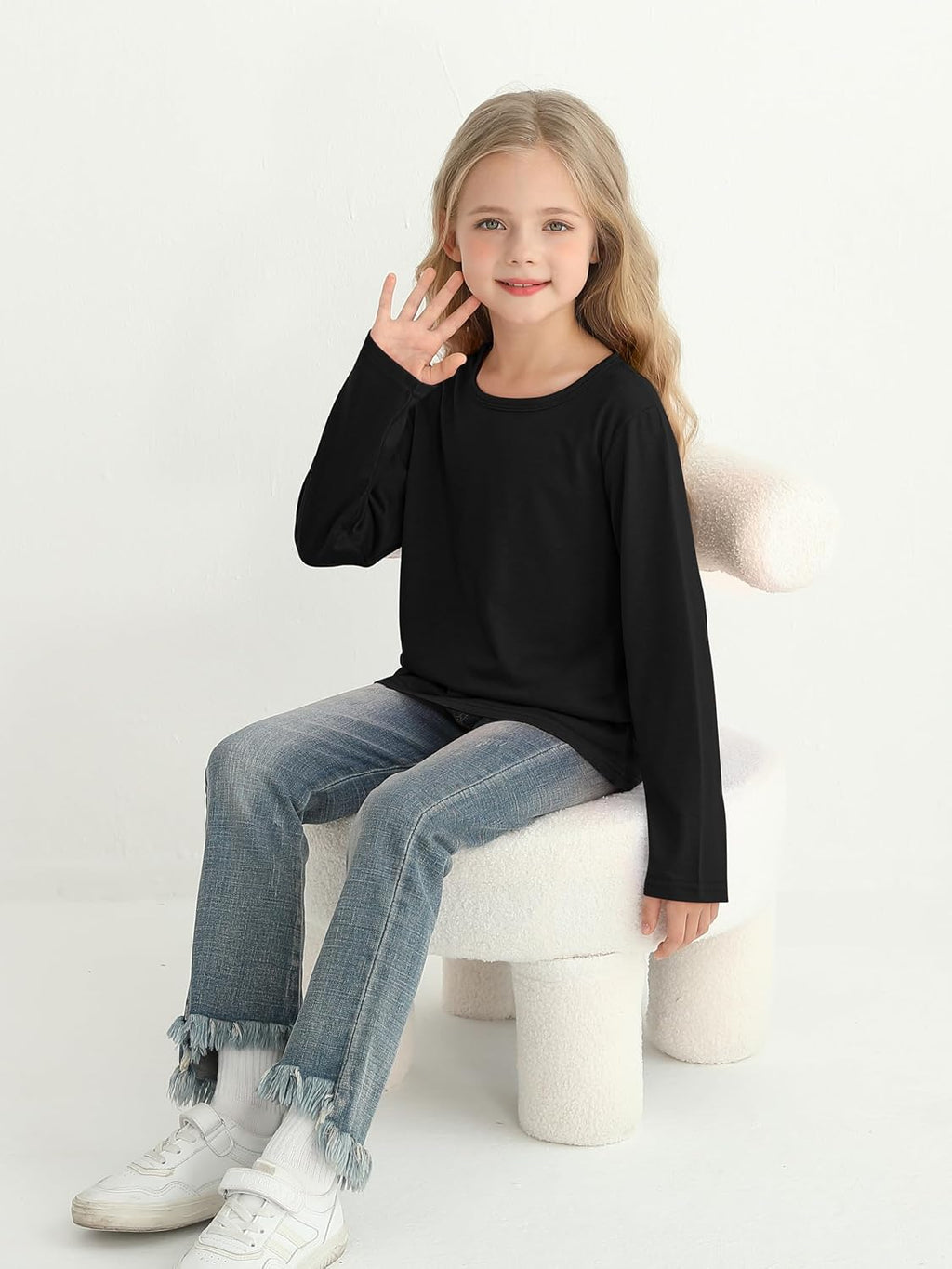 5 Pack Girls Long Sleeve Shirts Kids Basic Tees Layering Clothes Tagless