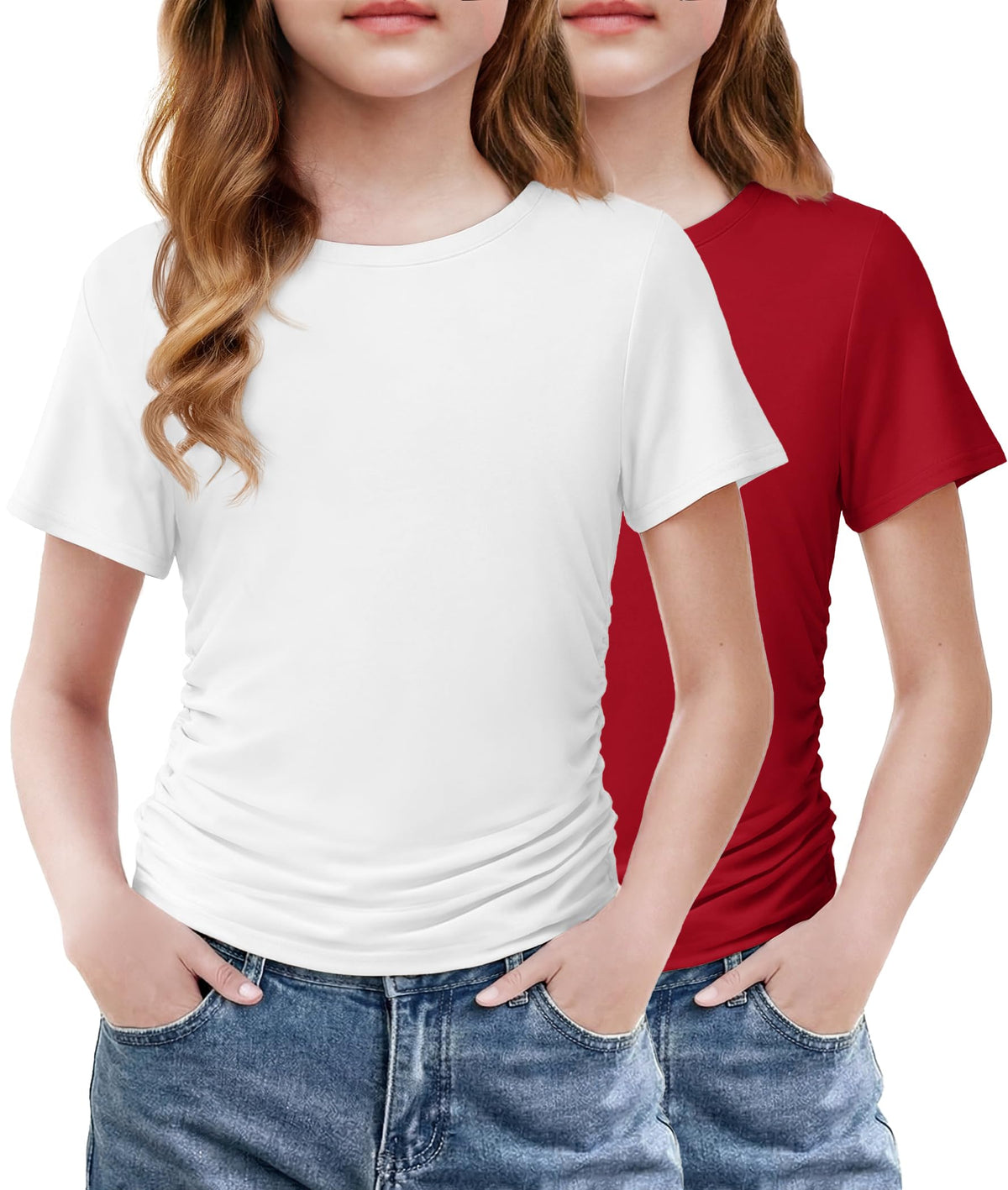 Arshiner Girls Shirts Side Ruched Short Sleeve Crewneck Tops Tee 5-12 Years