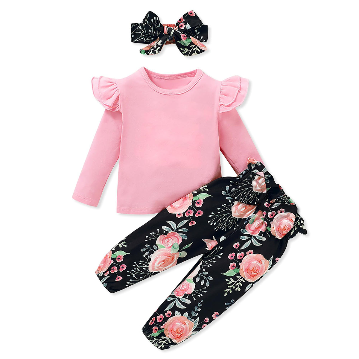 SANMIO Toddler Girl Clothes Cute Ruffle Sleeve Shirt Floral Pants Headband