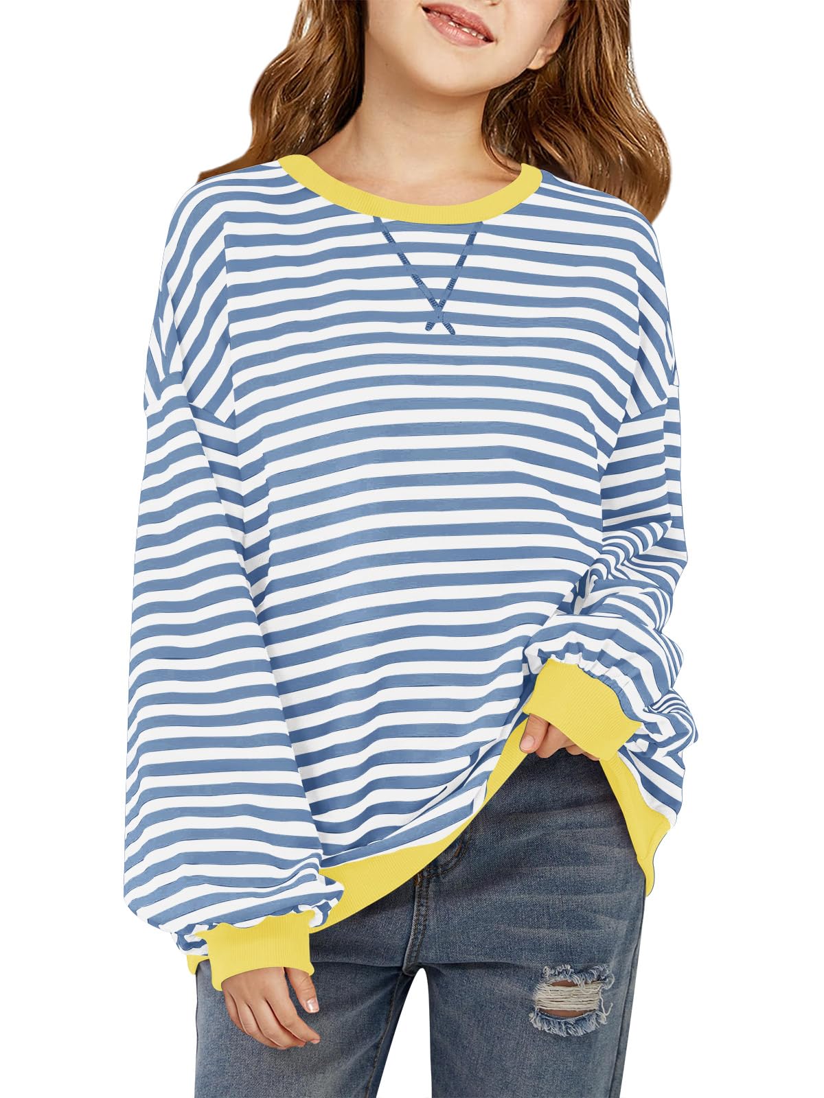 Haloumoning Girls Striped Crewneck Sweatshirt Long Sleeve Oversized Tops