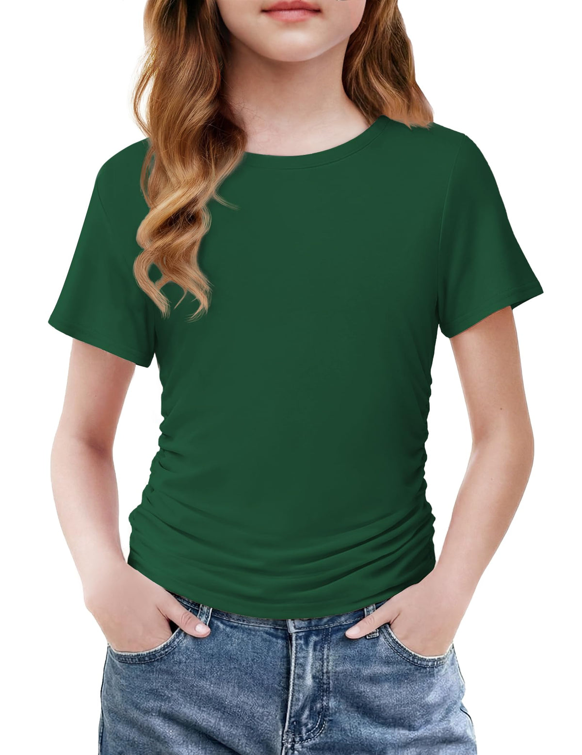 Arshiner Girls Shirts Side Ruched Short Sleeve Crewneck Tops Tee 5-12 Years