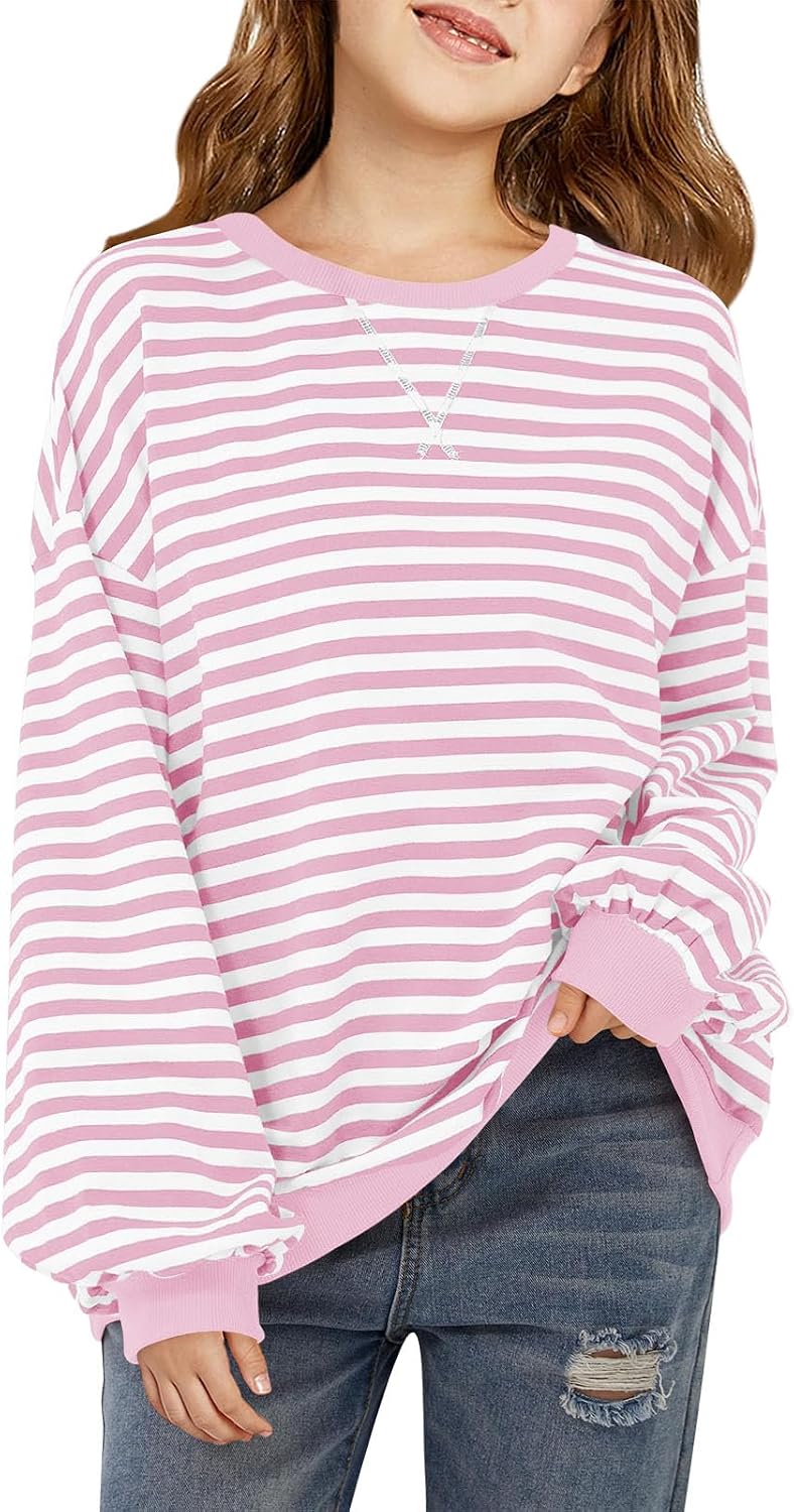 Haloumoning Girls Striped Crewneck Sweatshirt Long Sleeve Oversized Tops