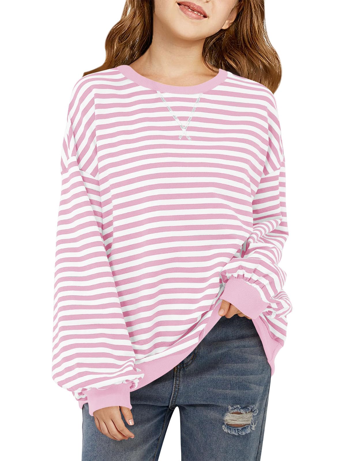 Haloumoning Girls Striped Crewneck Sweatshirt Long Sleeve Oversized Tops
