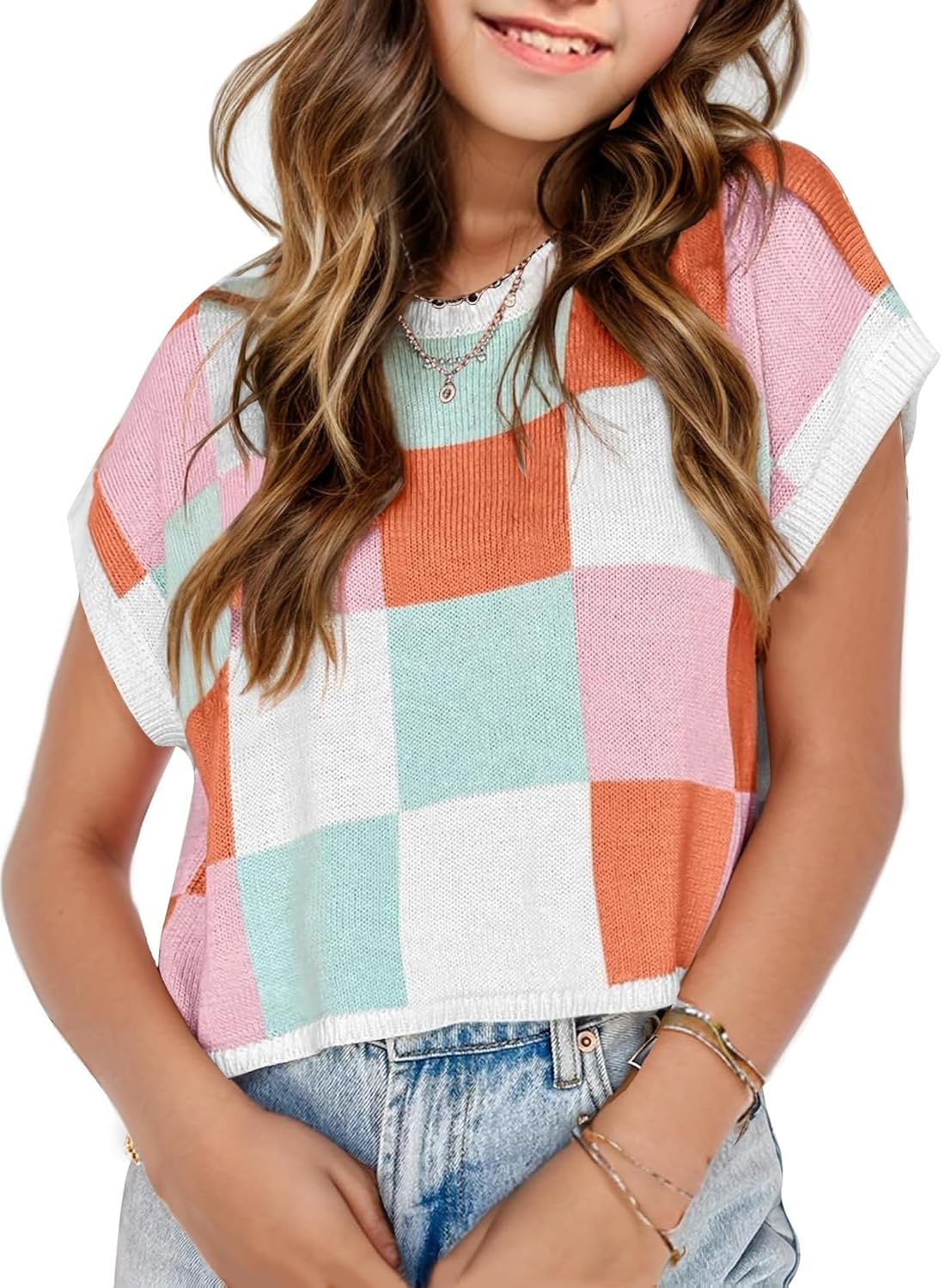 Girls Crop Sweater Tops School Picture Outfits Fashion Summer Fall Cute Cap Sleeve Colorblock Loose Teen Top