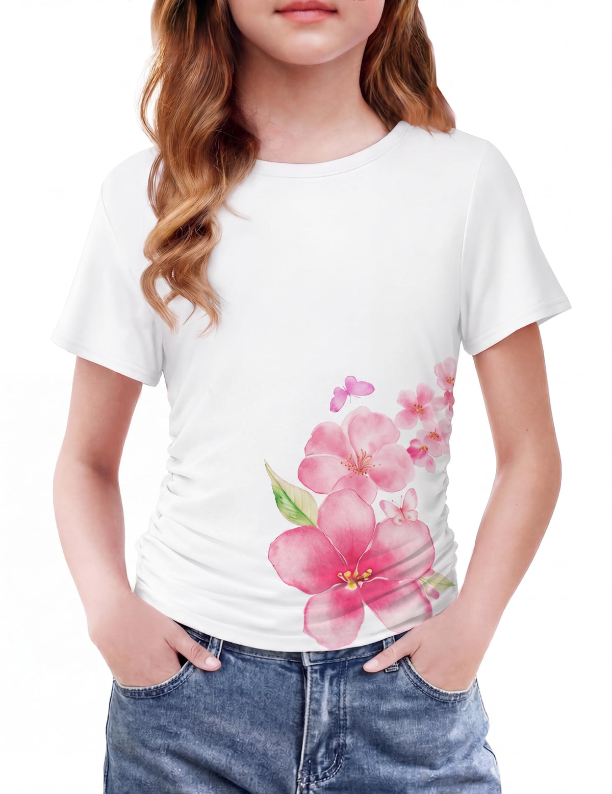 Arshiner Girls Shirts Side Ruched Short Sleeve Crewneck Tops Tee 5-12 Years