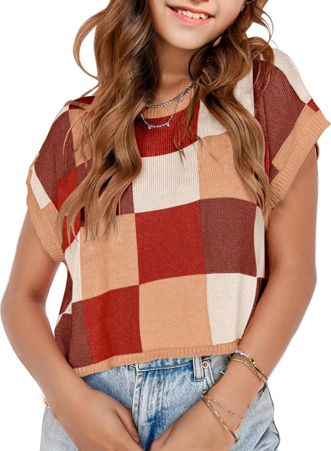 Girls Crop Sweater Tops School Picture Outfits Fashion Summer Fall Cute Cap Sleeve Colorblock Loose Teen Top